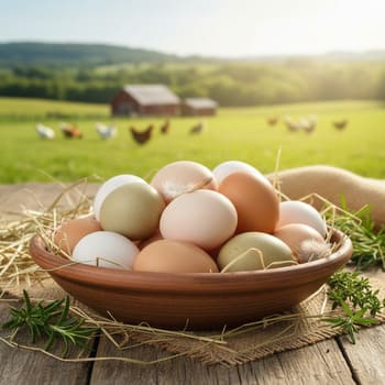 Free-range country eggs in a clay dish