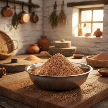 Stone-ground ragi flour in a steel bowl