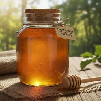 Raw forest honey in a glass jar