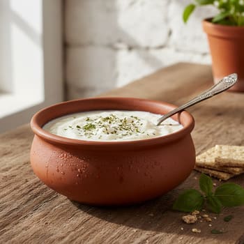 Fresh curd in a clay bowl