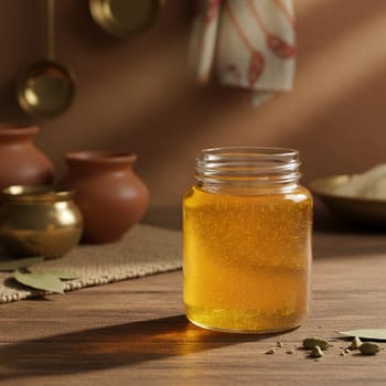 Golden desi ghee in a glass jar