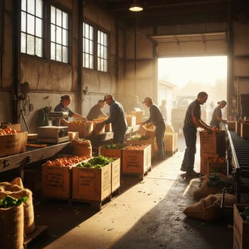 Morning light in the packing shed with labeled crates