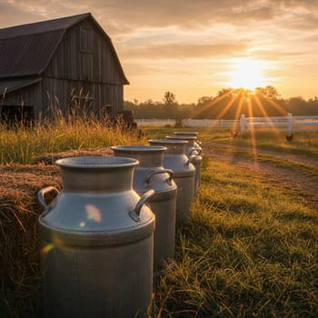 Steel milk cans catching the morning sun
