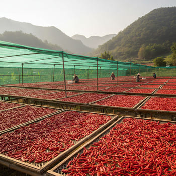 Chilies drying under shade nets