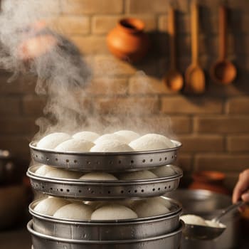 Idli trays steaming gently