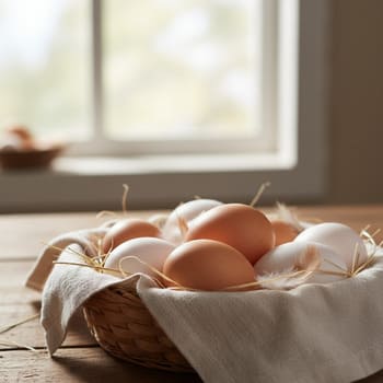 Free-range eggs in a cotton-lined basket