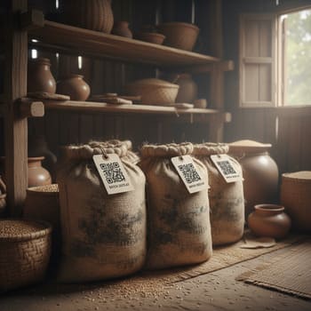 Aged rice sacks with a QR batch tag