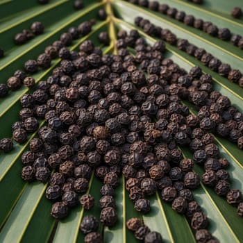 Whole black peppercorns from Kerala on a palm leaf