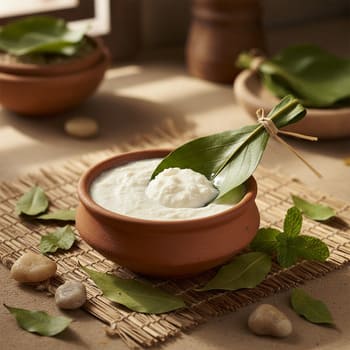Curd in a small bowl with a leaf spoon