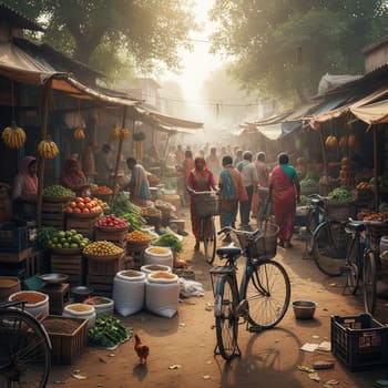 Morning village haat with crates and cycles