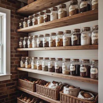 Glass jars with handwritten labels on a shelf