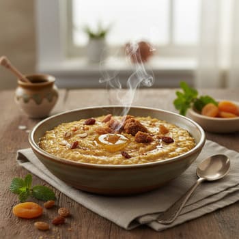 Warm millet porridge with ghee and jaggery