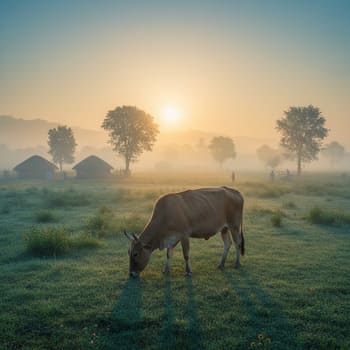 Desi cow grazing in a misty pasture at dawn