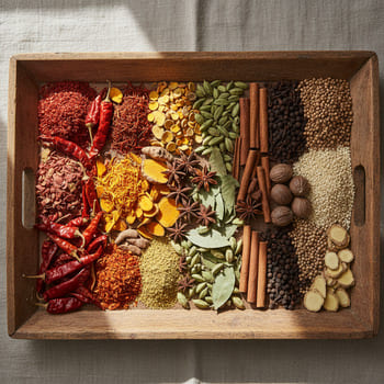 Whole spices sorted by color on a wooden tray