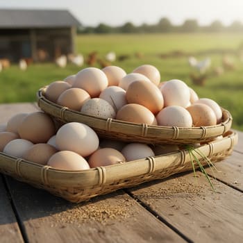 Country eggs stacked in trays