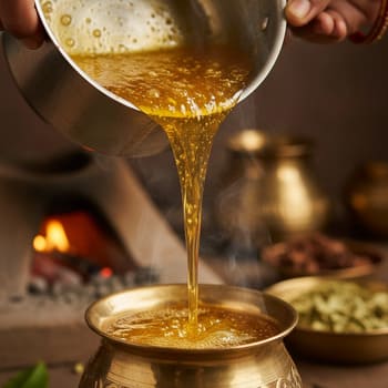 Fresh desi ghee being poured from steel pot