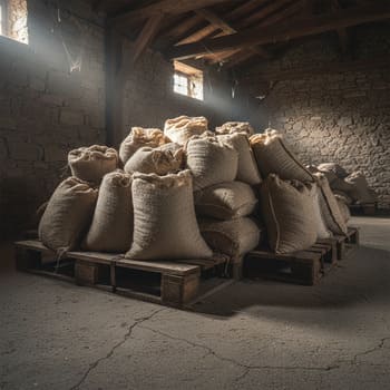 Aged rice in burlap bags stacked on wooden pallets