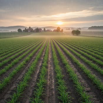 Field rows drinking a mild evening rain