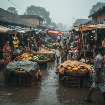 Village haat in drizzle with covered crates
