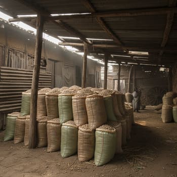 Akola: chickpea sacks stacked under a tin roof