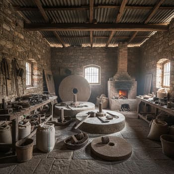 Raipur: stone mill room, tools laid out