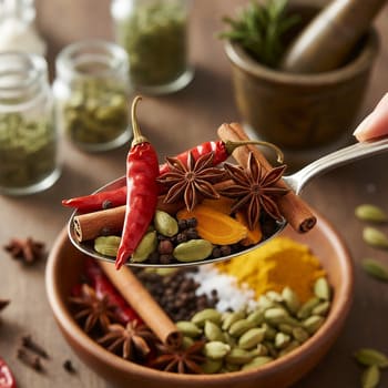 Whole spices on a tasting spoon