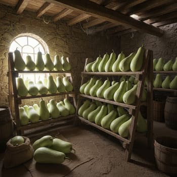 Ash gourd stored on slatted racks