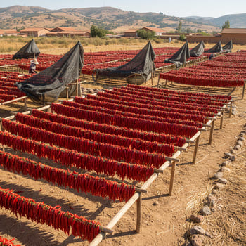 Chile strands sun-drying with shade screens nearby