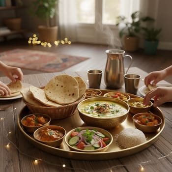 Family thali spread with dal, rotis, and salad