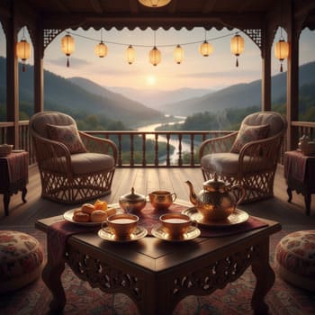 Evening tea on a veranda with brass cups