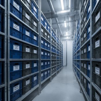 Metal cold room racks with labeled crates