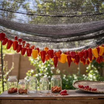 Peppers drying under shade net, glass jars nearby