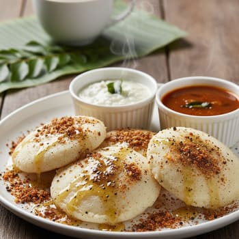 Idli with pepper ghee and podi