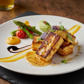 Seared paneer with saffron honey drizzle
