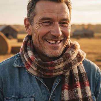Portrait of a smiling farmer in a checked scarf