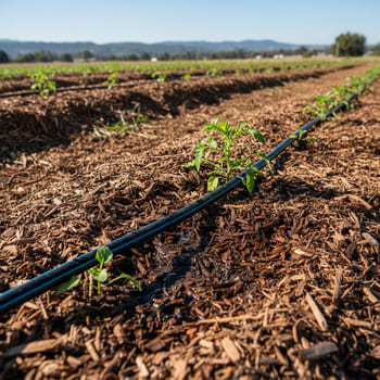 Drip irrigation line running through a mulched row