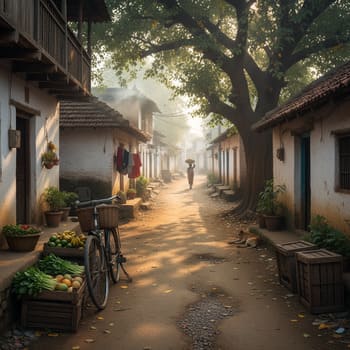 Narrow village lane at morning with cycle and crates