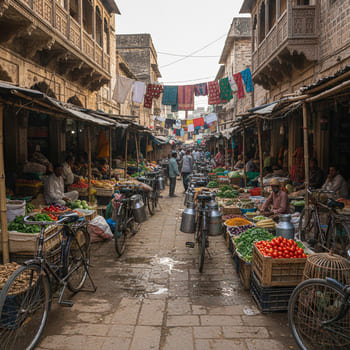 A narrow haat lane with cycles and crates
