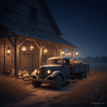 Night truck near a wheat store with lamps on