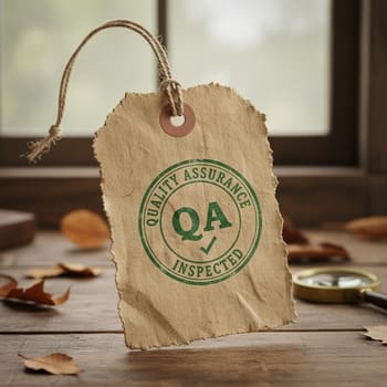Green QA stamp on a kraft tag