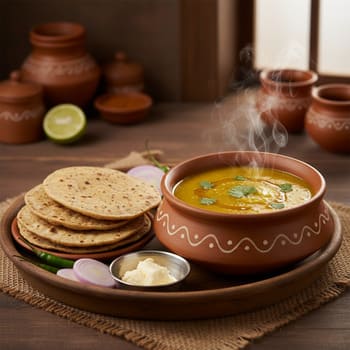 Steaming tuvar dal with soft millet rotis