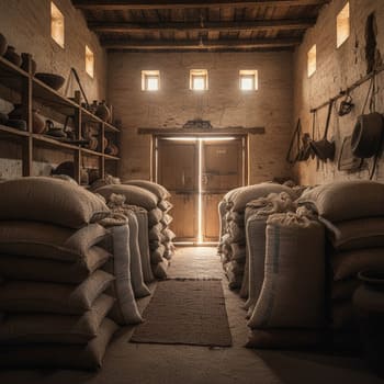 Stacks of aged rice sacks in a Punjab storehouse