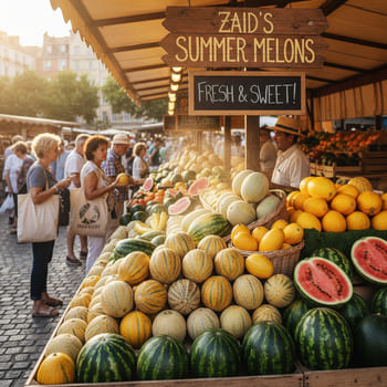 Zaid season — summer melons stacked at a stall