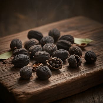 Black cardamom pods on a wooden slab