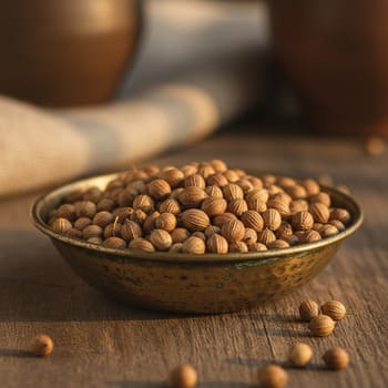 Coriander seeds in a shallow brass bowl