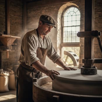 Portrait of a miller at a stone mill