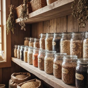 Grains in glass jars on a dry shelf