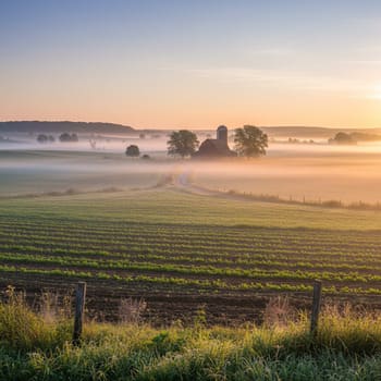 Sunrise over fields with light mist