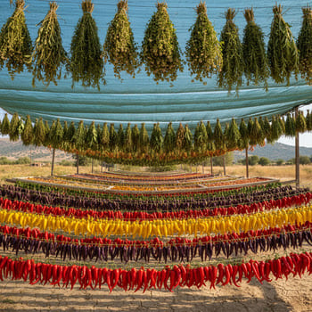 Herbs and chilies drying under shade nets