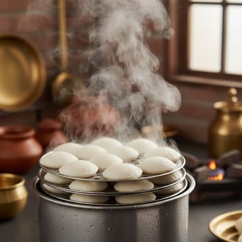 Idli trays steaming gently